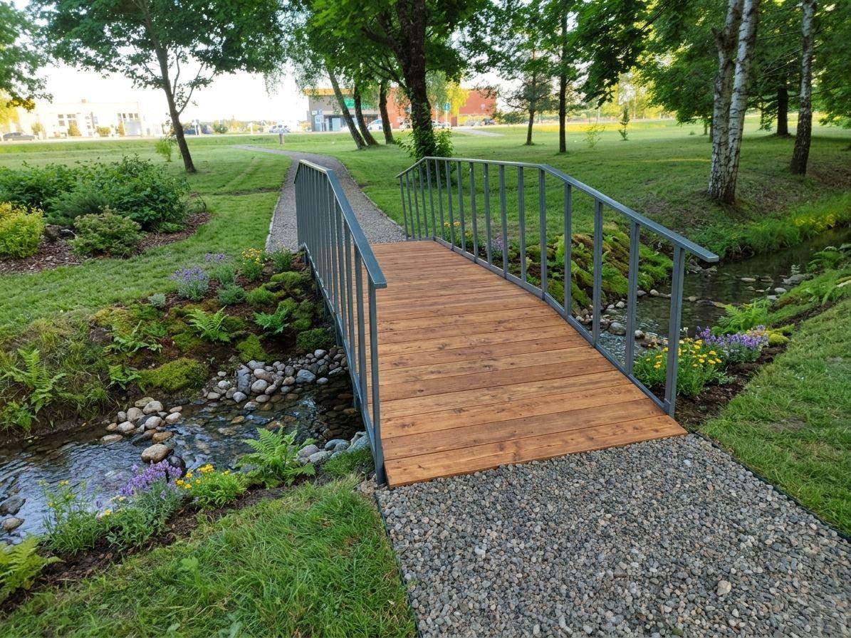 Metal footbridge with railings in a park