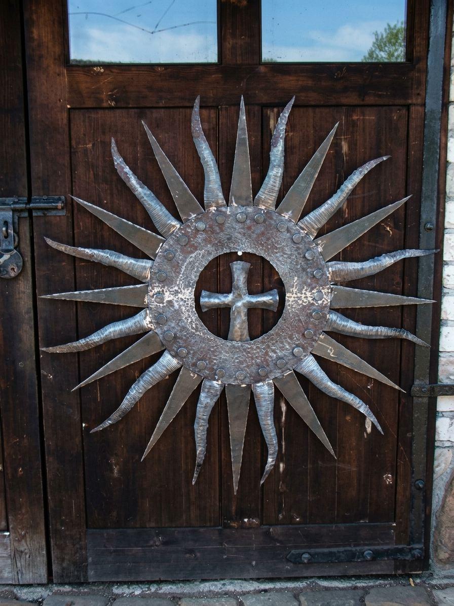 Forged sun with a cross on a wooden gate