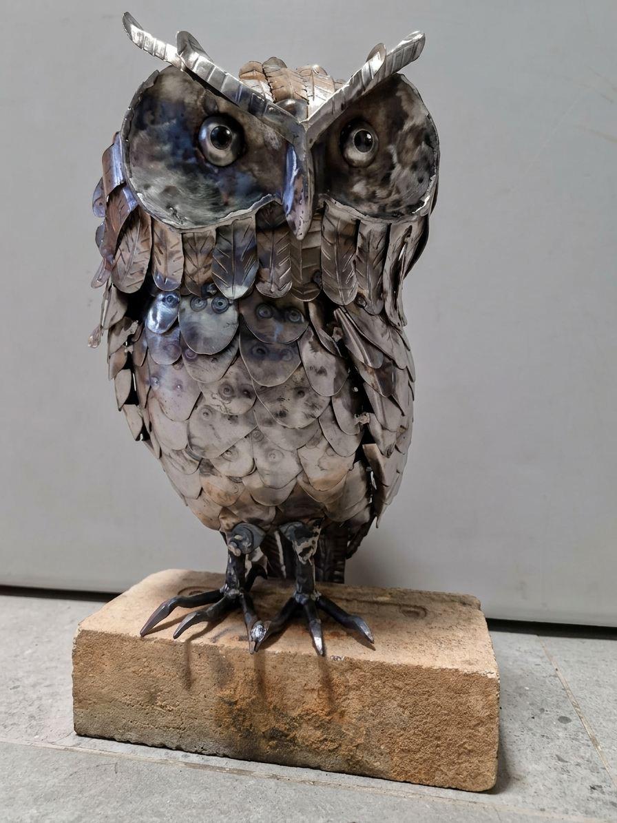 Metal owl sculpture on a stone