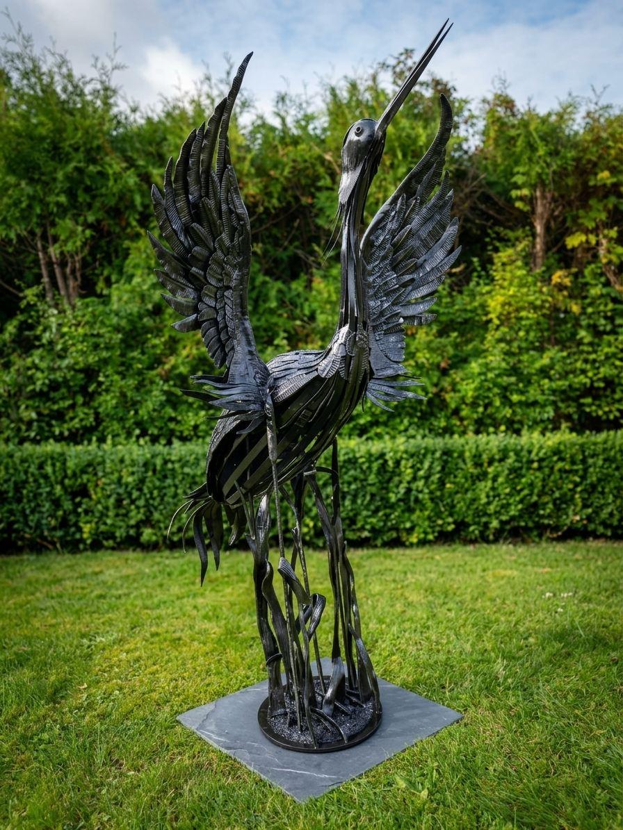 Heron sculpture in a garden