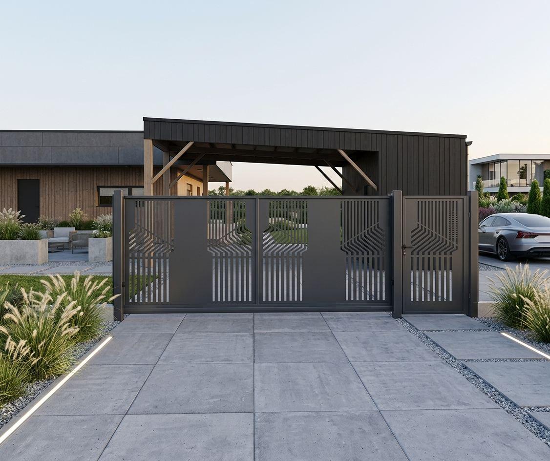 Sliding automatic gates with a laser-cut pattern