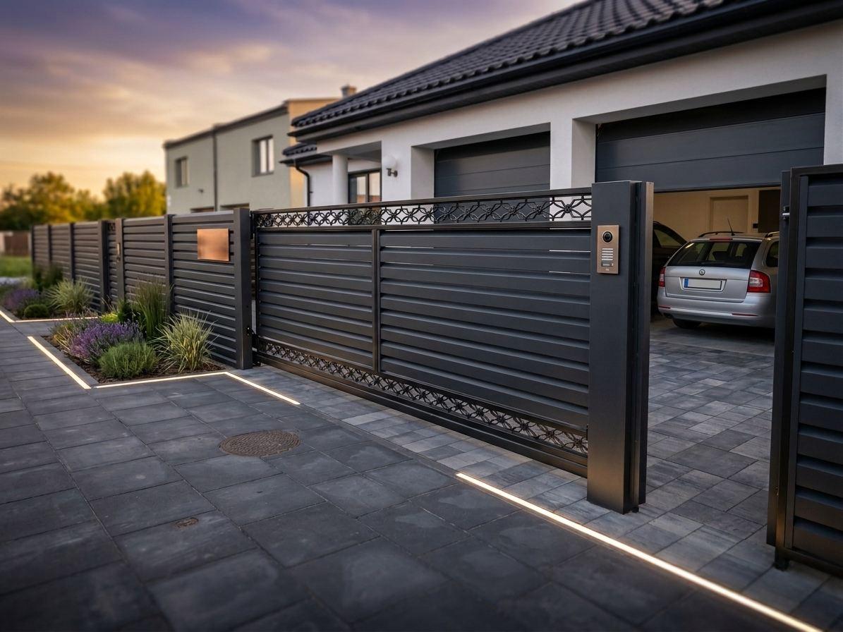 Sliding gates with intercom and letterbox console
