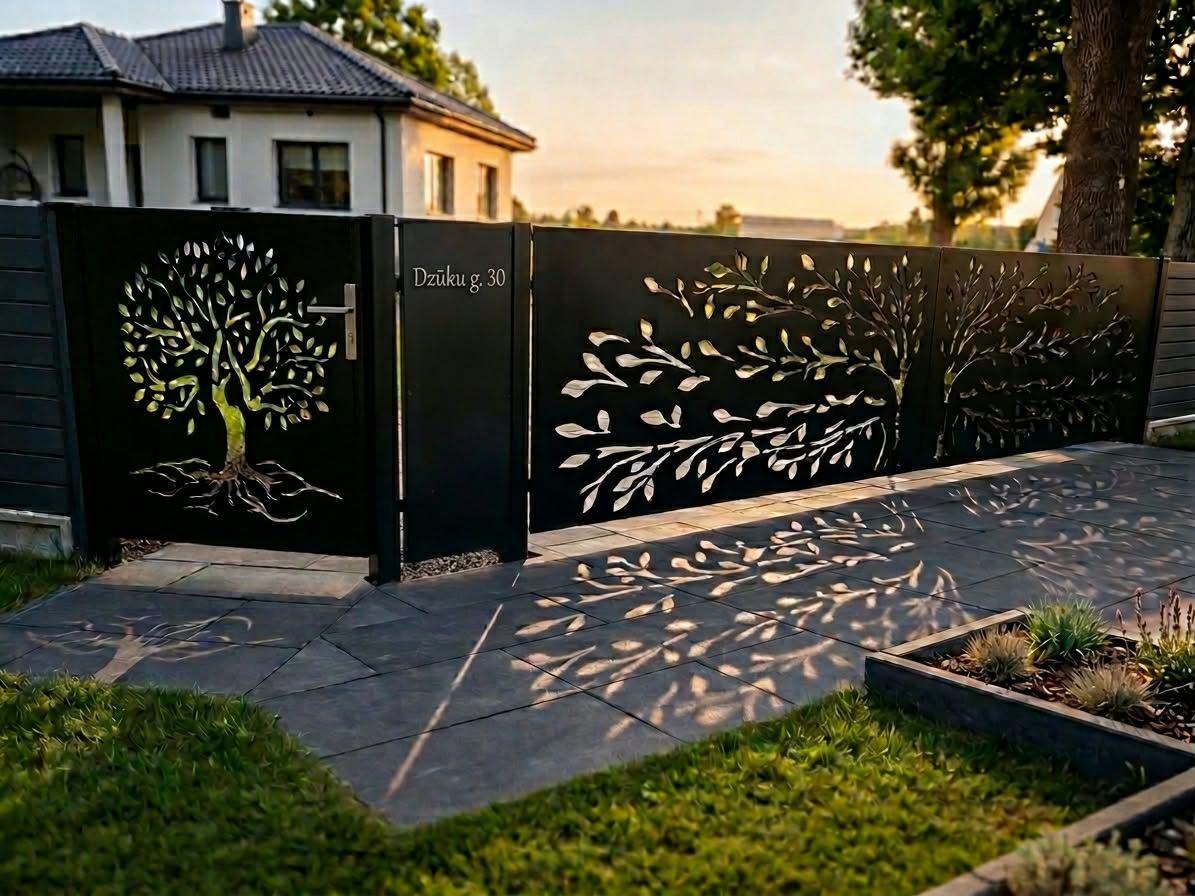 Gate and fence with a laser-cut tree-of-life pattern
