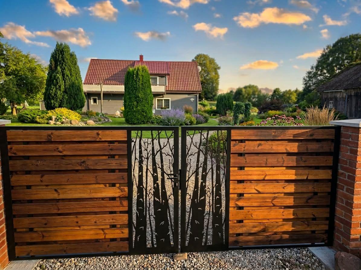Swing gate of wooden slats with a laser-cut birch motif