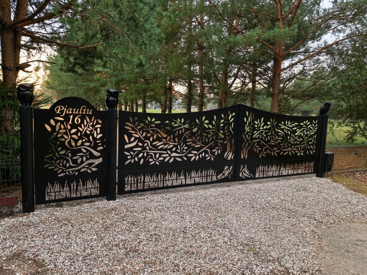 Sliding gate with a laser-cut tree pattern and owl sculptures